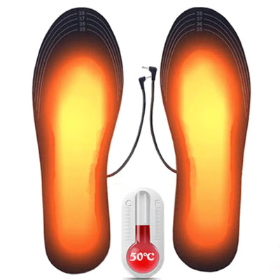 Heated shoe insoles with a temperature gauge showing 50 degrees Celsius on a white background.