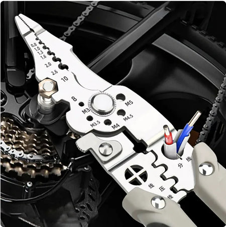 Multitool plier being used on a bicycle chain and gear mechanism